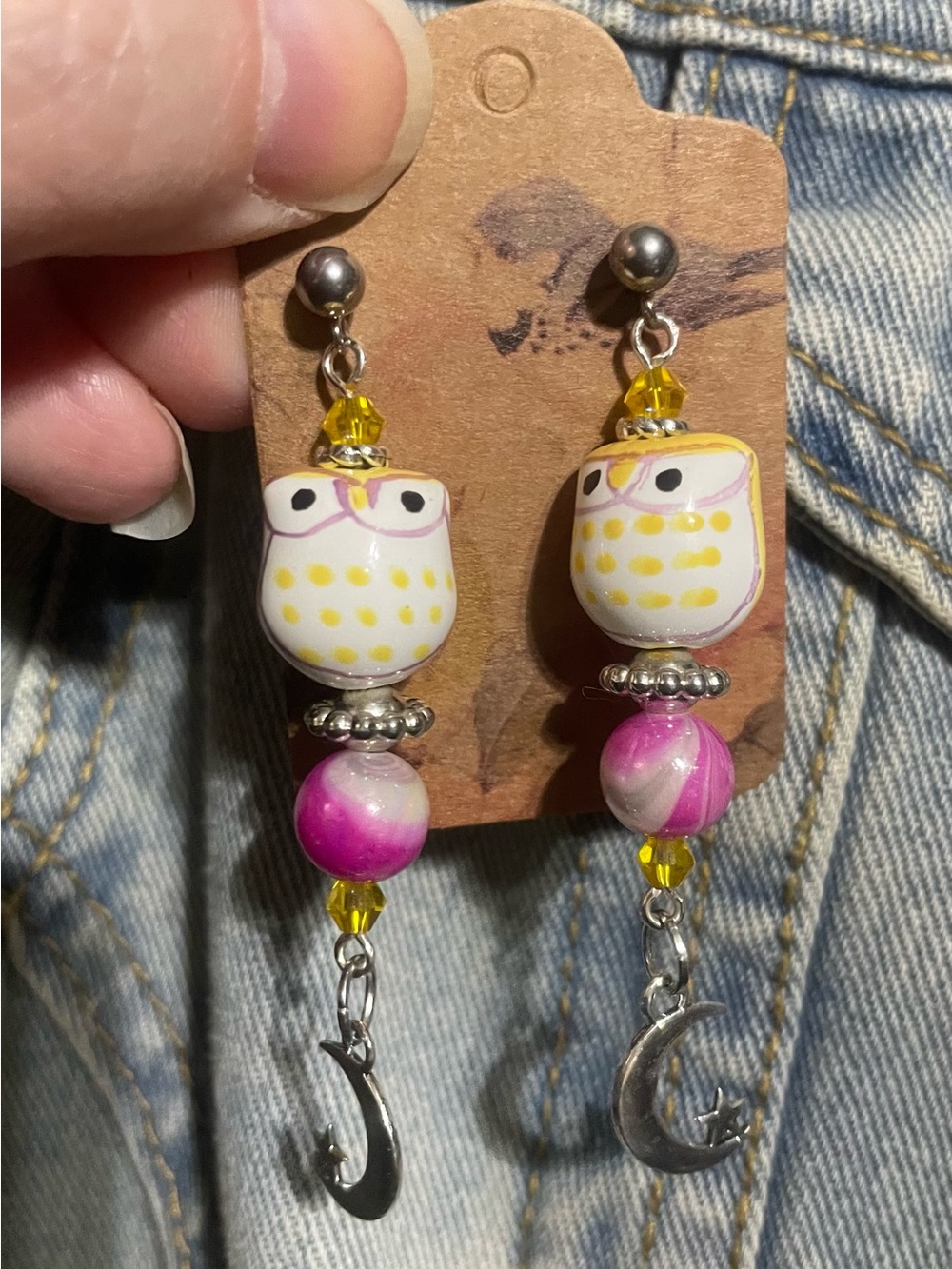 Hand Crafted Pink, Yellow & White Owl Dangle Earrings with Moon Charms - Picture 1 of 4